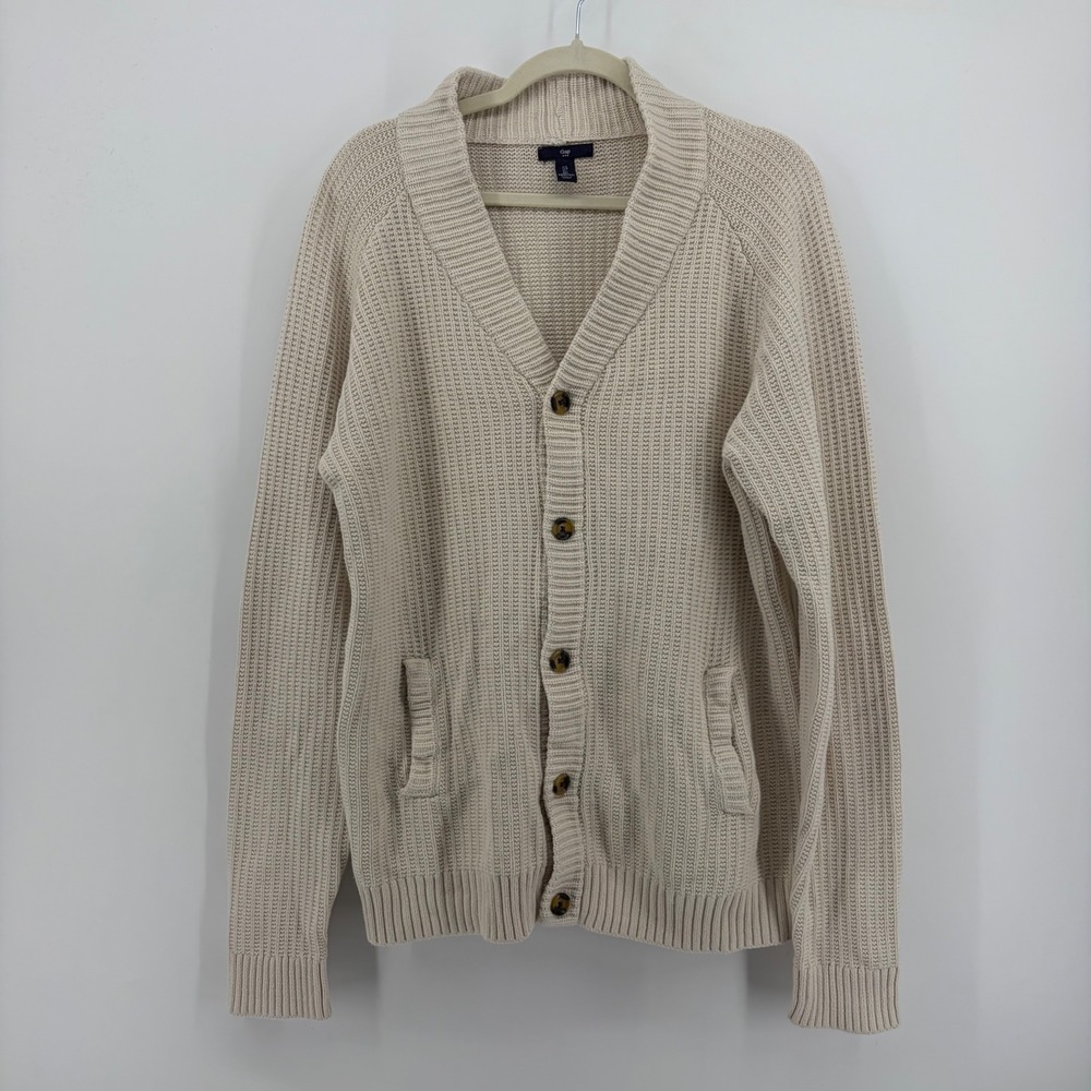 Gap Womens Large Ivory Cardigan Shawl Collar Chunky Ribbed Cotton Knit Sweater